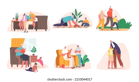 Set Grandchildren Spend Time with Grandparents. Grandfather and Grandmother Characters Walk with Little Boy, Play with Toys, Reading Book, Hugging and Knit Socks . Cartoon People Vector Illustration