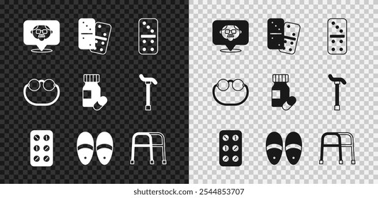 Set Großvater, Domino, Pillen Blisterpackung, Hausschuhe, Walker, Augengläser und Medizin Flasche Pillen Symbol. Vektorgrafik