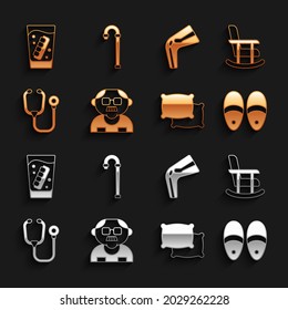 Set Grandfather, Rocking chair, Slippers, Pillow, Stethoscope, Bone pain, False jaw glass and Walking stick cane icon. Vector