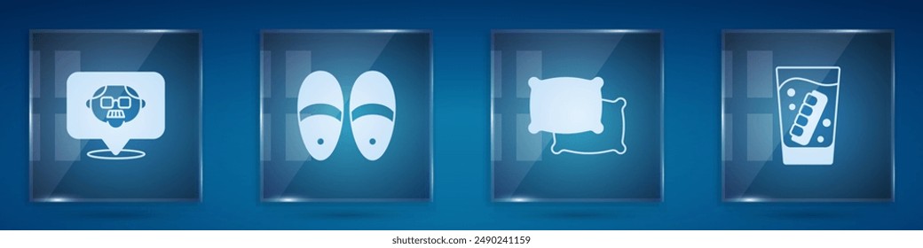 Set Grandfather, Slippers, Pillow and False jaw in glass. Square glass panels. Vector