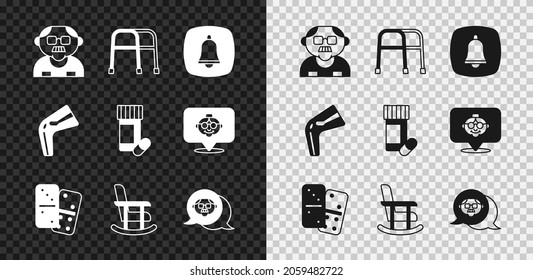 Set Grandfather, Walker, Emergency phone call, Domino, Rocking chair, Bone pain and Medicine bottle pills icon. Vector