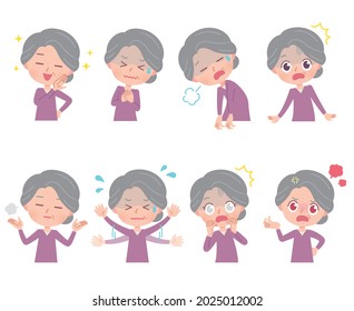 A set of grandmas who express various emotions. It's vector art, so it's easy to edit.