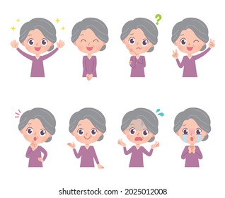 A set of grandmas who express various emotions. It's vector art, so it's easy to edit.