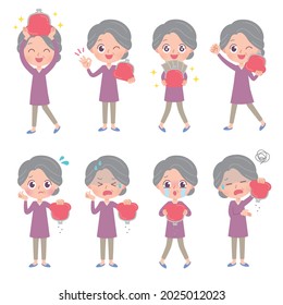 A set of grandmas who express various emotions. It's vector art, so it's easy to edit.
