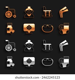 Set Grandmother, Bone pain, Socks, Eyeglasses, Medicine bottle pills, Rocking chair, Wheelchair and  icon. Vector