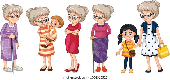 Set Of Grandmother In Different Clothes Doing Different Things Illustration