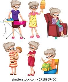 Set of grandmother doing different activities on white background illustration