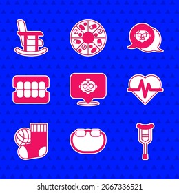 Set Grandmother, Eyeglasses, Crutch or crutches, Heart rate, Socks, False jaw, Grandfather and Rocking chair icon. Vector