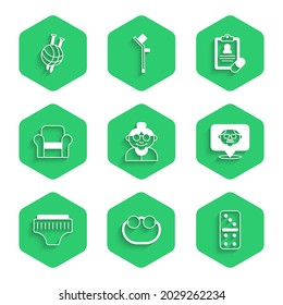 Set Grandmother, Eyeglasses, Domino, Grandfather, Adult diaper, Armchair, Medical prescription and Yarn ball with knitting needles icon. Vector