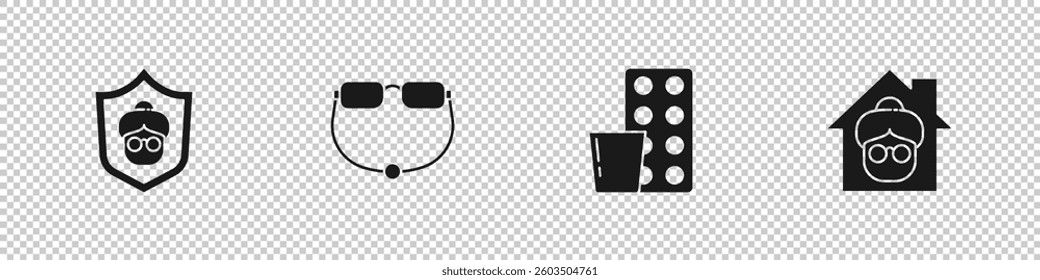 Set Grandmother, Eyeglasses, Pills in blister pack and Nursing home icon. Vector