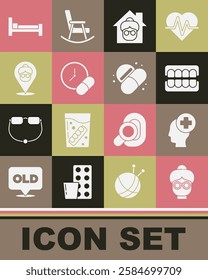 Set Grandmother, Male head with hospital, False jaw, Nursing home, Medicine pill or tablet, Bed and  icon. Vector