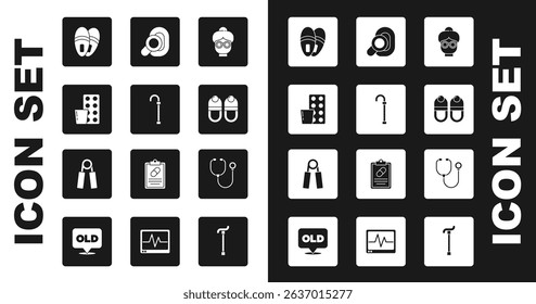 Set Grandmother, Walking stick cane, Pills blister pack, Slippers, Hearing aid, Stethoscope and Sport expander icon. Vector