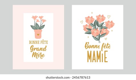 Set of Grandmother's Day cards. French lettering. Translation from French - Happy granny day, Happy Grandmother's Day. Element for flyers, banner and posters. Modern calligraphy. Ink illustration.