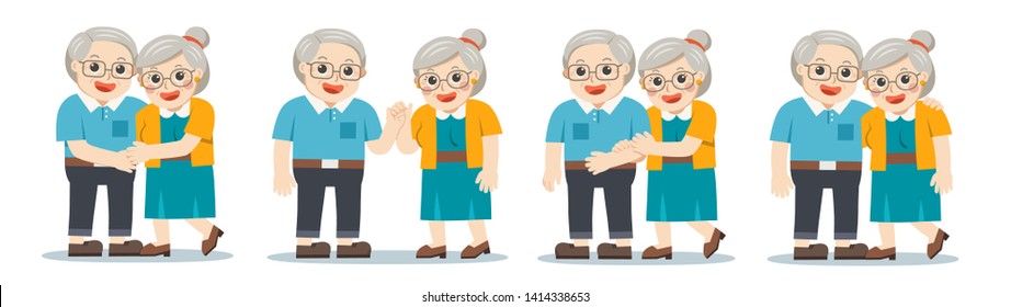 Set of Grandpa and grandma standing together. Two old persons man and woman of retirees. 