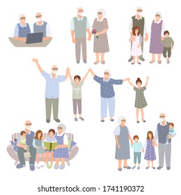 Set of grandparents with grandchildren. Happy  family spend time together. Senior couple with kids.  Parents, children cartoon characters isolated on white. Vector