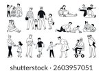 Set Grandparents and grandchildren, parents and children together. Active games and communication. Isolated doodle illustration