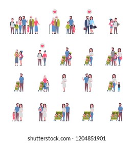 abuelos de los conjuntos hijos, familia de varias generaciones, avatar de largo sobre fondo blanco, concepto de familia feliz juntos, árbol de género ilustración vectorial de caricatura plana