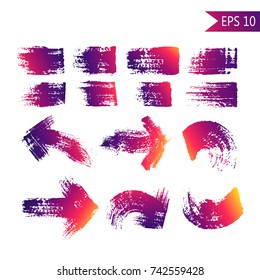 Set of grange abstract textured vector arrows and strokes. Vector design grunge elements. Drawing elements pointer and stripes. Vintage shapes. Retro vector arrow.