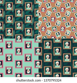 Set. Granny in the frame. Vector illustration of seamless patterns.