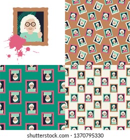 Set. Granny in the frame. Vector illustration of seamless patterns.