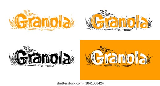 Set Of Granola Logo Template With Handwritten Calligraphy Lettering Composition, Doodle Style. Muesli, Organic Health Food Concept. Hand Made Vector.