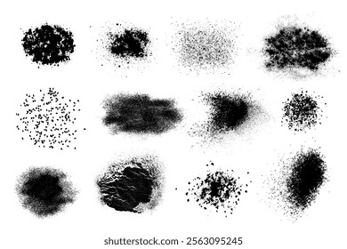 Set of granular grainy black spots of various shapes and densities. Texture brushes in form of spray, granules, grains of sand with soft uneven edge. Vector isolated illustration.