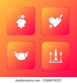 Set Grape fruit, Amour with heart and arrow, Croissant and Place De La Concorde icon. Vector