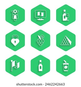 Set Grape fruit, Champagne bottle, Coffee cup to go, Louvre glass pyramid, Flag France, Castle in the shape heart, Wine with and Scooter icon. Vector