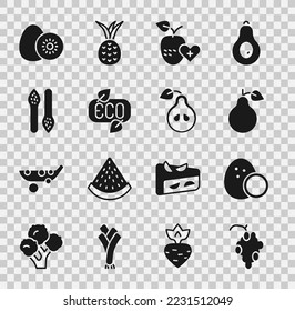 Set Grape fruit, Coconut, Pear, Healthy, Leaf Eco symbol, Asparagus, Kiwi and  icon. Vector