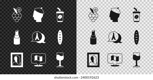 Set Grape fruit, French man, Coffee cup to go, Portrait picture in museum, Flag France, Wine glass, Lipstick and Eiffel tower icon. Vector