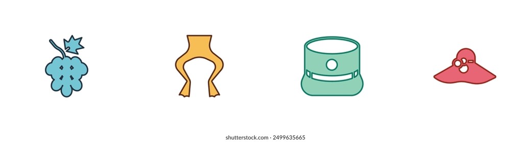 Set Grape fruit, Frog legs, Kepi and Elegant women hat icon. Vector