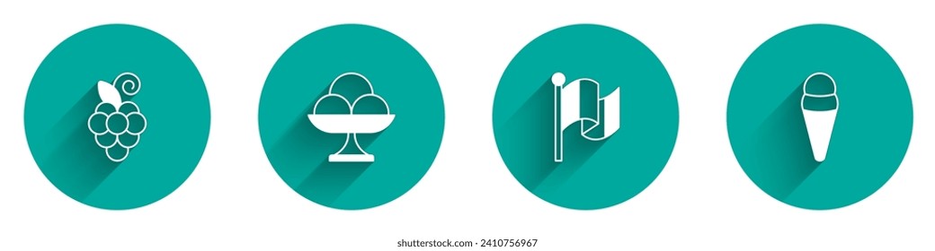 Ponga fruta de la uva, helado en el bol, bandera de Italia e ícono de gofre con sombra larga. Vector