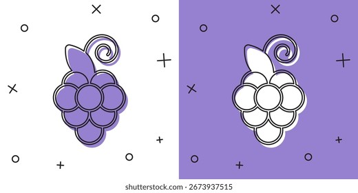 Icono de la fruta de la uva aislado en el fondo blanco y púrpura.  Vector