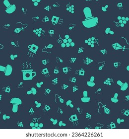 Set Grape fruit, Mushroom, Cup of tea and Kite on seamless pattern. Vector