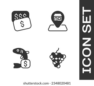 Set Grape fruit, New price tag dollar, Price for fish and Location Market store icon. Vector