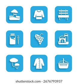 Set Grape fruit, Raincoat, Basket, Farm house, Mushroom, Jar of honey and dipper stick, Bench and  icon. Vector