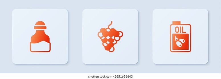 Set Grape fruit, Spice in can and Bottle of olive oil. White square button. Vector