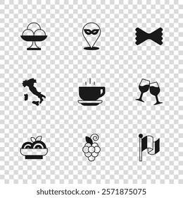 Set Grape fruit, Wine glass, Flag Italy, Coffee cup, Macaroni, Ice cream the bowl, Carnival mask and Map icon. Vector