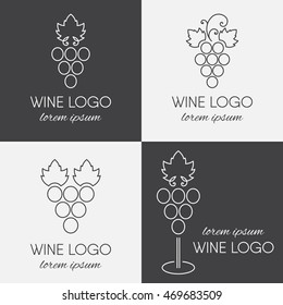 Set of grape logos. Wine or vine logotype icon in line art style. Brand design element for organic wine, wine list, menu, liquor store, selling alcohol, wine company. Vector illustration.