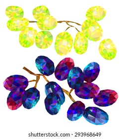 set of grape, yellow and blue, isolated on white background, vector illustration, polygon drawing. abstract grapes