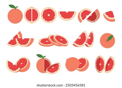 Set of Grapefruit, Farm fresh Grapefruit product emblem for grocery shop, Slides, long and cross sections, and different positions, simple flat vector illustration of vegetables and fruits.
