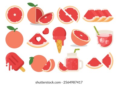 Set of Grapefruit, Farm fresh product emblem for grocery shop, collection of ice cream, Juice jar, glass of juice, ice cream cone and stick, simple flat vector illustration of fruits.