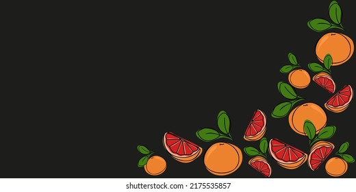 A set of grapefruits, oranges or tangerines in the right corner. Flat banner with copy space for text on black background.  Top view.  Label, cover, price tag, background. Vector illustration