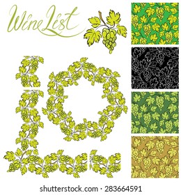 Set of grapes frames and repeated element for wine labels or menu design, Seamless patterns - hand drawn wine grapes background.