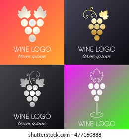 Set of grapes logo. Wine or vine logotype icon. Brand design element for organic wine, wine list, menu, liquor store, selling alcohol, wine company. Vector illustration.