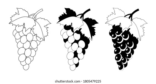 Set of grapes silhouettes. Black and white shapes isolated on white background. Stock vector illustration.