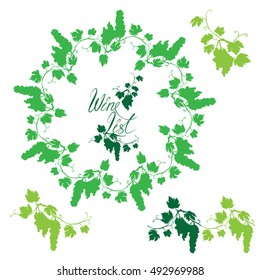 Set of Grapes silhouettes, round frame, calligraphic handdrawn text Wine List, vignettes for wine labels or menu design. Isolated on white background.