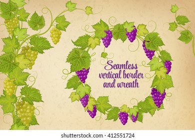 Set of grapes vertical seamless border and wreath. Vector illustration. Hand drawing branch of grapes.