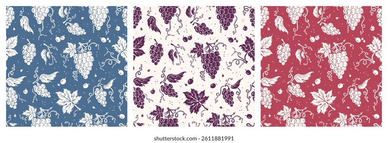 Set of Grapevine Vector Seamless Patterns. Grapes with Leaves and Tendrils. Hand drawn Illustration. 