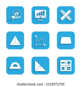 Set Graph, chart, diagram, Angle bisector of triangle, Calculator, Acute trapezoid shape, Protractor, Geometric figure Tetrahedron, Crossed ruler and pencil and Square root x glyph icon. Vector